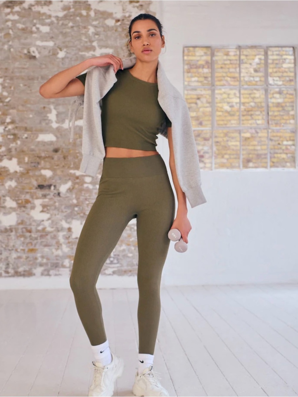 Barbella Box Ribbed High Waisted 7/8 Legging L Olive Green Activewear Gym Tight